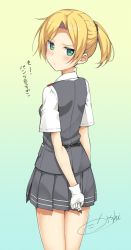 Rule 34 | 10s, 1girl, arm behind back, blonde hair, blush, from behind, gloves, gradient background, kantai collection, looking back, maikaze (kancolle), multicolored background, pleated skirt, ponytail, school uniform, shirt, short hair, short sleeves, signature, skirt, solo, takayaki, translation request, vest, white gloves