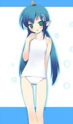 Rule 34 | 1girl, blue hair, blue oni, blush, cowboy shot, demon girl, female focus, flat chest, green eyes, hima, horns, long hair, looking at viewer, low twintails, momotarou densetsu, one-piece swimsuit, oni, pointy ears, school swimsuit, single horn, smile, solo, standing, swimsuit, thigh gap, thighs, twintails, white school swimsuit, white one-piece swimsuit, yashahime (momotarou densetsu)