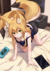 Rule 34 | 1girl, all fours, animal ear fluff, animal ears, bare arms, bare shoulders, bed, black shorts, blonde hair, blue shirt, blurry, breasts, depth of field, fox ears, fox girl, fox tail, game console, green eyes, grin, highres, ipad, kokonoe tsubaki, long hair, looking at viewer, multiple tails, on bed, original, ponytail, shirt, short shorts, shorts, sleeveless, sleeveless shirt, small breasts, smile, solo, strap slip, tablet pc, tail, two tails, yoshizawa tsubaki