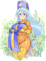 Rule 34 | 1girl, blue hair, blush, bodysuit, breasts, dragon quest, dragon quest iii, large breasts, long hair, muffin top, navel, ponytail, priest (dq3), purple eyes, sachito, square enix, sweatdrop, thick thighs, thighhighs, thighs