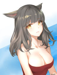 Rule 34 | 1girl, :s, animal ears, warrior of light (ff14), bare arms, bare shoulders, black hair, breasts, cat ears, cat girl, cleavage, closed mouth, collarbone, final fantasy, final fantasy xiv, long hair, maoyao-ll, medium breasts, miqo&#039;te, signature, slit pupils, solo, sparkle, strapless, tube top, yellow eyes