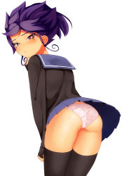 Rule 34 | 1089666666, 1girl, ass, bad id, bad pixiv id, black thighhighs, blush, from behind, fusion, gender request, genderswap, inazuma eleven (series), inazuma eleven go, leaning forward, looking at viewer, looking back, ouse (otussger), panties, pantyshot, pink panties, pleated skirt, purple eyes, purple hair, sailor collar, school uniform, serafuku, simple background, skindentation, skirt, solo, standing, sweater, thighhighs, tsurugi kyousuke, underwear, upskirt, white background, zhuge kongming (inazuma eleven)