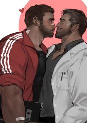 Rule 34 | 2boys, :o, abs, bara, beard, blush, body hair, chest hair, couple, doctor, dopey (dopq), facial hair, glasses, highres, imminent kiss, large pectorals, male focus, manly, multiple boys, muscular, nipples, original, pectoral docking, pectoral press, pectorals, simple background, sleeves rolled up, sweatdrop, yaoi