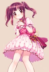 Rule 34 | 1girl, amezawa koma, blush, bow, brown eyes, brown hair, choker, dress, feet out of frame, hands on own chest, idolmaster, idolmaster cinderella girls, jewelry, long hair, looking at viewer, ogata chieri, own hands together, pendant, pink bow, pink dress, polka dot, polka dot dress, puffy short sleeves, puffy sleeves, short sleeves, sidelocks, simple background, solo, twintails, wristband