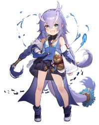 Rule 34 | 1girl, :d, absurdres, bailu (honkai: star rail), bare legs, bare shoulders, blue eyes, blue footwear, braid, child, commentary, crossed bangs, detached sleeves, dragon girl, dragon horns, dragon tail, dress, english commentary, fang, full body, gourd, hair between eyes, hair tubes, highres, honkai: star rail, honkai (series), horns, long hair, long sleeves, looking at viewer, open mouth, purple hair, short dress, simple background, skin fang, sleeveless, sleeveless dress, sleeves past wrists, smile, solo, somray, standing, tachi-e, tail, twin braids, white background