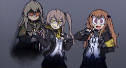 Rule 34 | 3girls, 404 logo (girls&#039; frontline), black gloves, black jacket, black skirt, brown hair, cowboy shot, expressionless, fingerless gloves, ghost, girls&#039; frontline, gloves, glowing, glowing eyes, grey hair, hair between eyes, hair ornament, hair ribbon, hairclip, haonfest, helltaker, jacket, long hair, looking at viewer, multiple girls, one side up, open clothes, open jacket, open mouth, orange eyes, parted lips, pleated skirt, red eyes, ribbon, scar, scar across eye, scar on face, shirt, skirt, smile, twintails, ump40 (girls&#039; frontline), ump45 (girls&#039; frontline), ump9 (girls&#039; frontline), vanripper (style), white shirt, yellow eyes