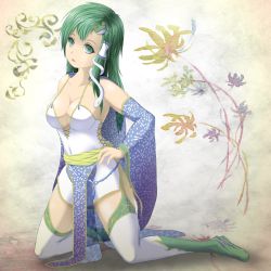 Rule 34 | 1girl, adapted costume, bad id, bad pixiv id, bare shoulders, boots, breasts, cape, cleavage, cosplay, detached sleeves, female focus, final fantasy, final fantasy iv, frog, green eyes, green footwear, green hair, hair ornament, kochiya sanae, long hair, masatome, matching hair/eyes, medium breasts, rydia (ff4), rydia (ff4) (cosplay), snake, solo, thighhighs, touhou, white thighhighs