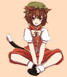 Rule 34 | 1girl, animal ears, bad id, bad pixiv id, blush, brown hair, cat ears, cat girl, cat tail, chen, earrings, fang, female focus, hat, jewelry, open mouth, orange eyes, puffy sleeves, short hair, short sleeves, sitting, solo, tail, touhou, tsukiori