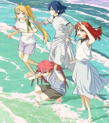 4girls artist_request barefoot blonde_hair blue_hair bocchi_the_rock! gotoh_hitori ijichi_nijika kita_ikuyo multiple_girls ocean pink_hair ponytail red_hair shirt shorts squatting standing wading white_shirt yamada_ryo