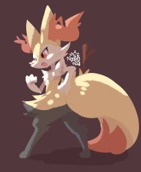Rule 34 | animal ear fluff, animal ears, blush, braixen, brown background, commentary, creatures (company), dated, fang, fox ears, fox tail, from behind, furry, furry female, game freak, gen 6 pokemon, hand on own hip, hand up, looking away, nintendo, nyaswitchnya, orange eyes, pokemon, pokemon (creature), profile, red nose, signature, simple background, skin fang, solo, stick, symbol-only commentary, tail, tsurime