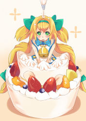 Rule 34 | 1girl, arc system works, blazblue, blazblue: continuum shift, blonde hair, blueberry, cake, food, fruit, green eyes, heart, heart-shaped pupils, long hair, low-tied long hair, mandarin orange, pineapple, platinum the trinity, quad tails, ribbon, solo, sora-bozu, strawberry, symbol-shaped pupils, two side up, whipped cream