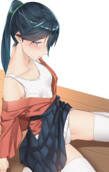 Rule 34 | 1girl, bad id, bad pixiv id, black hair, blue eyes, blue hakama, blush, breasts, collarbone, commentary request, hair between eyes, hakama, hakama short skirt, hakama skirt, high ponytail, highres, hip vent, houshou (kancolle), japanese clothes, kantai collection, long hair, looking at viewer, off shoulder, one-piece swimsuit, open mouth, pallad, parted lips, ponytail, school swimsuit, simple background, sitting, skindentation, skirt, small breasts, solo, swimsuit, swimsuit under clothes, wariza, white legwear, white one-piece swimsuit