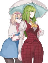 Rule 34 | 2girls, alice margatroid, alternate eye color, ascot, bad id, bad twitter id, behind another, blonde hair, blue dress, blue eyes, breasts, capelet, collared shirt, cropped legs, dress, frilled ascot, frilled dress, frilled hairband, frills, green hair, hairband, highres, holding, holding another&#039;s arm, kazami yuuka, kazami yuuka (pc-98), large breasts, lolita hairband, long sleeves, looking at another, looking away, medium hair, multiple girls, pants, pantyhose, parasol, plaid, plaid pants, plaid vest, puffy long sleeves, puffy sleeves, red ascot, red hairband, red vest, shirt, short hair, simple background, standing, tohoyuukarin, touhou, touhou (pc-98), umbrella, undershirt, vest, wavy hair, white background, white capelet, white shirt, yellow ascot, yellow eyes