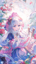 Rule 34 | 1girl, absurdres, animal ears, artist logo, artist name, blue eyes, blurry, branch, depth of field, fence, flower, goat ears, goat horns, hair ornament, highres, holding, horns, letter, lolita fashion, long hair, long sleeves, looking at viewer, maccha (mochancc), mailbox, nail polish, open mouth, ribbon, smile, snow, snowflakes, solo, virtual youtuber, white hair