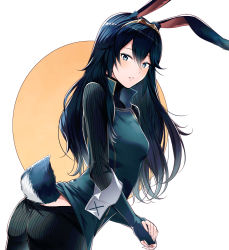 Rule 34 | 1girl, ameno (a meno0), animal ears, animalization, ass, blue eyes, blue hair, blue shirt, breasts, fire emblem, fire emblem awakening, from side, hair between eyes, long hair, long sleeves, looking at viewer, lucina (fire emblem), nintendo, parted lips, rabbit ears, rabbit girl, rabbit tail, shirt, small breasts, solo, straight hair, tail, tiara, turtleneck, twisted torso