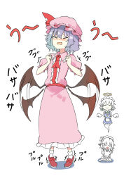 Rule 34 | 2girls, afterimage, ascot, bat wings, blood, blue hair, blush, braid, center frills, chibi, chibi inset, clenched hands, closed eyes, deetamu, fang, flapping, frilled skirt, frills, giving up the ghost, halo, hat, highres, izayoi sakuya, mob cap, multiple girls, nosebleed, open mouth, pink shirt, pink skirt, puffy short sleeves, puffy sleeves, red ascot, red footwear, remilia scarlet, shirt, shoes, short hair, short sleeves, simple background, skirt, smile, so moe i&#039;m gonna die!, solo focus, tiptoes, touhou, trembling, twin braids, uu~, wavy mouth, white background, wings
