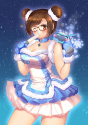 Rule 34 | 1girl, adapted costume, alternate hairstyle, bare shoulders, black-framed eyewear, blue gloves, blue ribbon, blush, blush stickers, breasts, brown eyes, brown hair, choker, cleavage, contrapposto, cowboy shot, double bun, dress, drone, eyebrows, eyelashes, floating, food, frilled skirt, frills, fur-lined gloves, fur-trimmed gloves, fur trim, glasses, gloves, hair bun, hair ornament, hair tie, hands up, highres, ice cream, large breasts, looking at viewer, luobo1220, machinery, mei (overwatch), melting, mouth hold, one eye closed, overwatch, overwatch 1, popsicle, ribbon, robot, scrunchie, sidelocks, skirt, sky, sleeveless, sleeveless dress, snowball (overwatch), snowflake hair ornament, snowflakes, snowing, solo, standing, star (sky), starry sky, tassel