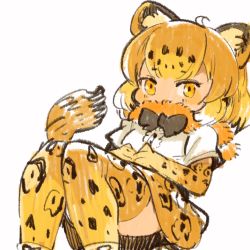 Rule 34 | absurdres, blouse, highres, jaguar (kemono friends), kemono friends, mota, shirt, simple background, solo, tagme, thighhighs, white background, white shirt