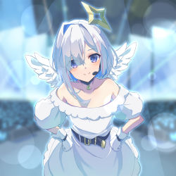 Rule 34 | 1girl, amane kanata, angel, angel wings, asymmetrical bangs, asymmetrical hair, bell, belt, black belt, black collar, blue hair, blush, collar, collarbone, colored inner hair, dress, feathered wings, gloves, grey hair, hair over one eye, halo, hands on own hips, headset, hololive, kisara mikami, lens flare, looking at viewer, mini wings, multicolored hair, neck bell, no bra, off-shoulder dress, off shoulder, pink hair, puffy short sleeves, puffy sleeves, purple eyes, santa costume, short hair, short sleeves, single hair intake, smile, solo, stage, stage lights, star halo, streaked hair, virtual youtuber, white dress, white gloves, white wings, wings