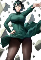 Rule 34 | 1girl, absurdres, bad id, bad twitter id, breasts, brown pantyhose, dress, floating rock, fubuki (one-punch man), green eyes, green hair, hand on own hip, highres, large breasts, lips, long sleeves, looking at viewer, one-punch man, pantyhose, parted lips, short hair, solo, standing, yoshio (55level)