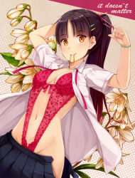 Rule 34 | 1girl, adjusting hair, black hair, blush, bracelet, breasts, brown hair, cleavage, dress shirt, dressing, english text, flower, hair ornament, hairclip, highres, jewelry, lingerie, long hair, looking at viewer, md5 mismatch, medium breasts, mouth hold, open clothes, open shirt, open skirt, original, ponytail, rubber band, school uniform, shirt, skirt, smile, solo, teddy (lingerie), underwear, uniform, yokaze japan