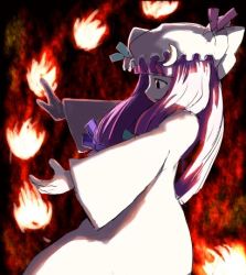 Rule 34 | 1girl, dress, female focus, fire, fire, from side, long sleeves, lowres, magic, patchouli knowledge, profile, robe, solo, touhou, upper body, white dress, wide sleeves