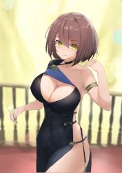 Rule 34 | 1girl, absurdres, armlet, asymmetrical clothes, azur lane, bad id, bad pixiv id, baltimore (azur lane), baltimore (evening breeze minuet) (azur lane), black cape, black choker, black dress, blue cape, blurry, blurry background, blush, braid, breasts, brown hair, cape, champagne flute, choker, cleavage, collarbone, commentary request, covered navel, cowboy shot, cup, dress, drinking glass, evening gown, french braid, from above, hair between eyes, hand up, highres, holding, holding cup, huge filesize, indoors, large breasts, looking at viewer, official alternate costume, railing, shilonagas, short hair, side slit, sidelocks, single bare shoulder, smile, solo, standing, two-tone cape, yellow eyes