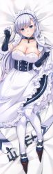 Rule 34 | 1girl, absurdres, anchor, arm guards, armor, azur lane, bed sheet, belfast (azur lane), blue eyes, blush, braid, breasts, chain, cleavage, closed mouth, collar, collarbone, dakimakura (medium), dress, elbow gloves, frilled dress, frills, full body, gloves, highres, holding, huge filesize, large breasts, lips, long hair, long image, looking at viewer, lying, maid, maid headdress, nakajima yuka, on back, shiny skin, silver hair, skirt hold, sleeveless, smile, solo, tall image, thighhighs, white gloves, white thighhighs