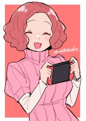 Rule 34 | 1girl, :d, ^ ^, absurdres, blush, brown hair, closed eyes, do m kaeru, closed eyes, highres, layered sleeves, long sleeves, nintendo switch, okumura haru, open mouth, persona, persona 5, pink sweater, portrait, ribbed sweater, short hair, short over long sleeves, short sleeves, smile, solo, sweater, turtleneck, turtleneck sweater, twitter username, white sleeves