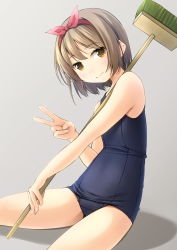 Rule 34 | 1girl, blue one-piece swimsuit, bob cut, brown eyes, brown hair, cleaning brush, commentary request, cowboy shot, grey background, hairband, highres, old school swimsuit, one-piece swimsuit, original, ribbon, school swimsuit, shibacha, short hair, simple background, sitting, solo, swimsuit, v