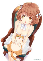 Rule 34 | 1girl, :o, animal, animal on lap, breasts, brown hair, cat, cat on lap, chain, chemise, cleavage, collarbone, fingernails, from above, hair ribbon, hazuki natsu, holding paw, lingerie, looking at viewer, medium breasts, mole, mole on breast, neck ribbon, on lap, open mouth, original, ribbon, see-through, short hair, sitting, solo, spaghetti strap, twitter username, underwear, white background, white ribbon, yellow eyes