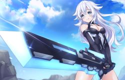 Rule 34 | 1girl, :q, bare shoulders, black heart (neptunia), bodysuit, brave neptune, breasts, cleavage, cloud, female focus, giga-tera, gloves, green eyes, holding, holding sword, holding weapon, hungry, long hair, medium breasts, neptune (series), noire (neptunia), power symbol-shaped pupils, rock, sky, smile, solo, sunrise stance, sword, symbol-shaped pupils, thighs, tongue, tongue out, tsundere, very long hair, weapon, white hair
