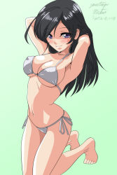 Rule 34 | 1girl, ahoge, arched back, armpits, arms behind head, arms up, artist name, barefoot, bikini, black eyes, black hair, blush, breasts, closed mouth, commentary, dated, girls und panzer, green background, hands in hair, isuzu hana, kneeling, large breasts, long hair, looking at viewer, matsui yasutsugu, navel, one-hour drawing challenge, side-tie bikini bottom, signature, simple background, skindentation, smile, solo, swimsuit, white bikini