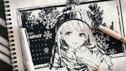 Rule 34 | 1girl, 3d, beanie, blush, breath, calendar (medium), commentary request, english text, faux traditional media, greyscale, hand up, hanecha1220, hat, hatching (texture), high contrast, highres, january, looking at viewer, mittens, monochrome, open mouth, original, outdoors, pen, scarf, sketch, smile, snowflakes, solo, tree, upper body, wind