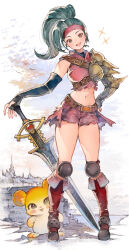 1girl :d aqua_hair arm_armor brown_eyes commission elbow_gloves fang fantasica fingerless_gloves full_body gloves hand_on_own_hip head_tilt headband high_ponytail highres kemomin_nosuke knee_guards looking_at_viewer mouse_(animal) navel open_mouth red_headband shorts skeb_commission skin_fang smile solo standing weapon_behind_back