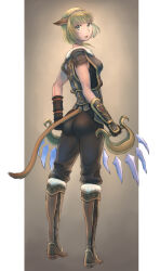 Rule 34 | 1girl, 2021, absurdres, animal ears, artist name, ass, adventurer (ff11), black gloves, black pants, boots, breasts, brown footwear, brown tail, cactus41747280, cat ears, cat girl, cat tail, clothing cutout, dated, final fantasy, final fantasy xi, full body, fur-trimmed boots, fur-trimmed footwear, fur collar, fur trim, gloves, hairband, highres, holding, holding weapon, knee boots, legs apart, looking back, medium breasts, mithra (ff11), monk (final fantasy), multicolored hairband, open mouth, pants, short hair, solo, standing, tail, tail through clothes, weapon