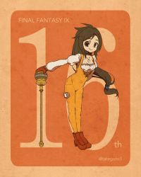 Rule 34 | 1girl, black hair, bodysuit, breasts, brown eyes, choker, closed mouth, final fantasy, final fantasy ix, garnet til alexandros xvii, gloves, jewelry, long hair, looking at viewer, low-tied long hair, necklace, orange bodysuit, smile, solo, staff, tategoto, weapon