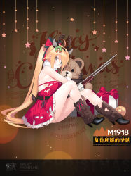 Rule 34 | 1girl, animal ears, antlers, automatic rifle, bare legs, bare shoulders, bell, black footwear, black gloves, blonde hair, blush, boots, breasts, character name, christmas, copyright name, deer ears, detached collar, doughnut, doughnut hair ornament, dress, food, food-themed hair ornament, frills, from side, full body, fur trim, girls&#039; frontline, gloves, grey eyes, gun, hair ornament, high heel boots, high heels, horns, hugging object, jingle bell, large breasts, leg warmers, light machine gun, long hair, looking at viewer, m1918 (girls&#039; frontline), m1918 (war is over) (girls&#039; frontline), m1918 bar, machine gun, merry christmas, official alternate costume, official art, open mouth, red dress, short dress, sidelocks, sitting, solo, squad automatic weapon, stuffed animal, stuffed toy, suisai (suisao), teddy bear, torn clothes, torn dress, very long hair, weapon