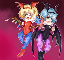 Rule 34 | 2girls, alternate costume, animal print, bat print, bat wings, blonde hair, blue hair, bodysuit, boots, bridal gauntlets, capcom, cleavage cutout, clothing cutout, cosplay, fang, female focus, flandre scarlet, flat chest, head wings, heart, heart cutout, leotard, lilith aensland, lilith aensland (cosplay), morrigan aensland, morrigan aensland (cosplay), multiple girls, navel, open mouth, pantyhose, patterned legwear, print legwear, red eyes, red leotard, remilia scarlet, ribasuto, siblings, side ponytail, sisters, smile, touhou, vampire (game), wings