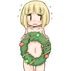 Rule 34 | 1girl, blonde hair, blush, bob cut, christmas wreath, covering privates, cowboy shot, embarrassed, female focus, looking away, navel, nude, nude cover, open mouth, rori (4chan), simple background, solo, thigh gap, white background, wreath