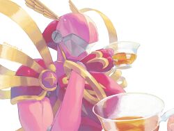 Rule 34 | 1other, armor, cup, digimon, digimon (creature), helmet, holding, holding cup, jewelry, kira (kira dra), knight, lordknightmon, no humans, out of frame, pink armor, pink helmet, ring, shoulder armor, simple background, tea, twitter username, upper body, white background, winged helmet