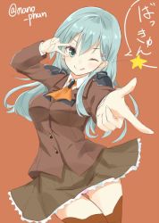 Rule 34 | 10s, 1girl, :q, ;q, bad id, bad twitter id, blue eyes, finger gun, hair ornament, hairclip, kantai collection, one eye closed, pointing, silver hair, skirt, solo, suzuya (kancolle), takehana note, tongue, tongue out, v over eye