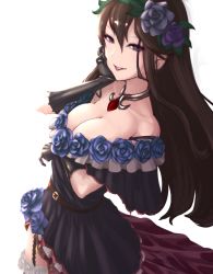 Rule 34 | 10s, 1girl, bare shoulders, black eyes, black gloves, breasts, brown hair, cleavage, dress, elbow gloves, female focus, flower, gloves, granblue fantasy, hair flower, hair ornament, hand on own cheek, hand on own face, kemurin, large breasts, long hair, rosetta (granblue fantasy), simple background, solo, white background