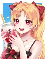 Rule 34 | 1girl, :d, black bow, blonde hair, blue background, border, bow, collarbone, earrings, ereshkigal (fate), fate/grand order, fate (series), flower, hair bow, hair intakes, heart, highres, holding, jewelry, long hair, nail polish, necklace, open mouth, outside border, red bow, red eyes, red flower, red nails, red rose, rose, sleeveless, smile, solo, soramame pikuto, spaghetti strap, twintails, upper body, white border