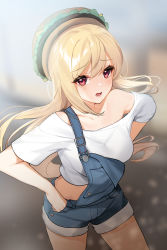 Rule 34 | 1girl, bare shoulders, blonde hair, blurry, blurry background, breasts, character request, copyright request, cowboy shot, hands on own hips, hat, highres, long hair, looking at viewer, medium breasts, off-shoulder shirt, off shoulder, open mouth, overall shorts, overalls, red eyes, shirt, short shorts, short sleeves, shorts, shovelwell, solo, standing, virtual youtuber, white shirt