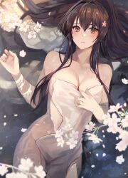 Rule 34 | 1girl, blurry, blurry foreground, blush, branch, breasts, brown eyes, brown hair, cherry blossoms, commentary request, covering privates, flower, from above, hair between eyes, hair flower, hair ornament, hair spread out, highres, kantai collection, kasumi (skchkko), large breasts, long hair, looking at viewer, lying, nude cover, on back, onsen, outdoors, parted lips, partially submerged, ponytail, solo, towel, wet, white towel, yamato (kancolle)