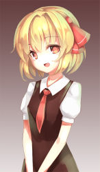 Rule 34 | 1girl, blonde hair, dress, fang, gradient background, hair ribbon, highres, necktie, neetsr, open mouth, puffy sleeves, red eyes, ribbon, rumia, short hair, short sleeves, smile, solo, touhou, upper body