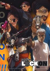 2024_summer_olympics 3boys 3girls aiming aiming_at_viewer backwards_hat baseball_cap beard black_hair black_hat black_jacket character_request choe_daehan cioccolatodorima commentary covered_eyes english_commentary facial_hair glasses gradient_background grey_eyes gun hat highres holding holding_gun holding_weapon jacket kim_yeji looking_at_viewer multiple_boys multiple_girls mustache olympic_shooting_glasses olympics one_eye_covered outstretched_arm real_life sarabjot_singh serious shirt short_hair turban upper_body weapon white_hair white_shirt yusuf_dikec