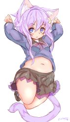 Rule 34 | 1girl, animal ear fluff, animal ears, arms up, black skirt, blue shirt, blush, cat ears, cat tail, clenched hands, crescent, crescent hair ornament, hair ornament, highres, jumping, kantai collection, legs up, midriff, navel, ooba jun, paw pose, purple hair, school uniform, serafuku, shirt, short hair, short hair with long locks, simple background, skirt, solo, tail, thighs, white background, yayoi (kancolle)