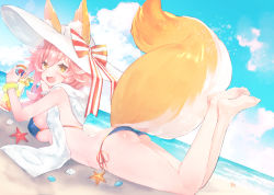 Rule 34 | &gt;:d, 1girl, :d, animal ear fluff, animal ears, ass, bare legs, barefoot, beach, bikini, blue bikini, breasts, day, dutch angle, ears through headwear, fang, fate/grand order, fate (series), feet, fox ears, fox girl, fox tail, hair between eyes, halterneck, hat, horizon, large breasts, long hair, looking at viewer, looking back, lying, messy hair, ocean, on stomach, open mouth, pink hair, seashell, shell, side-tie bikini bottom, sideboob, smile, solo, starfish, string bikini, sun hat, suzuho hotaru, swimsuit, tail, tamamo (fate), tamamo no mae (fate/extra), tamamo no mae (swimsuit lancer) (fate), tamamo no mae (swimsuit lancer) (third ascension) (fate), thick eyebrows, thighs, toes, towel, towel around neck, tropical drink, v-shaped eyebrows, white hat, yellow eyes